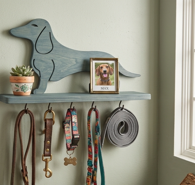 Standing Mini Dachshund Shelf & Leash Holder