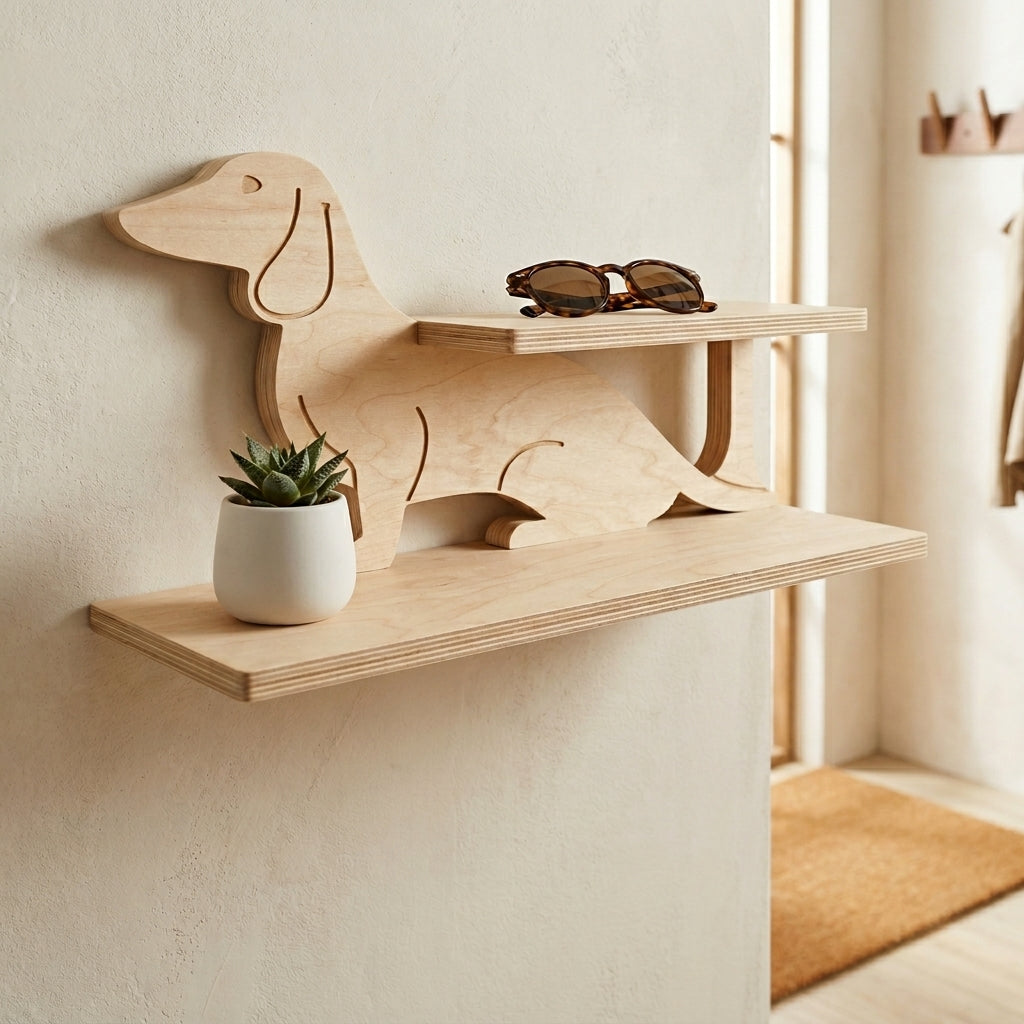 Hand made wooden shelf shaped like a dachshund with a plant and sunglasses on a neutral wall.