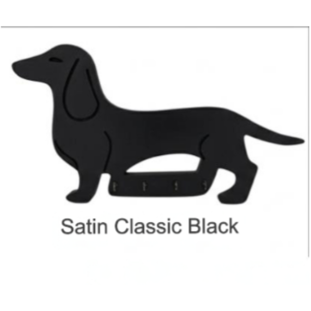 Black dachshund-shaped key holder on a white background with 'Satin Classic Black' text.