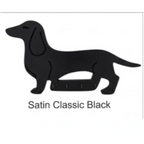 Black dachshund-shaped key holder on a white background with 'Satin Classic Black' text.