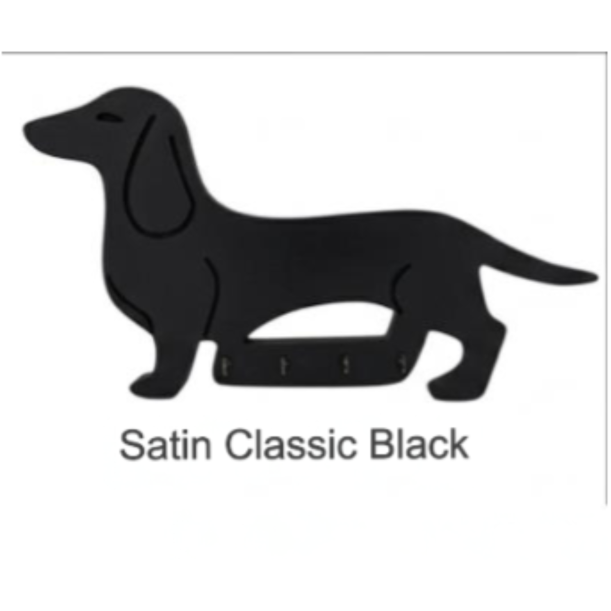Black dachshund-shaped key holder on a white background with 'Satin Classic Black' text.