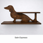 Wooden shelf shaped like a dachshund on a white background with 'Satin Espresso' text.