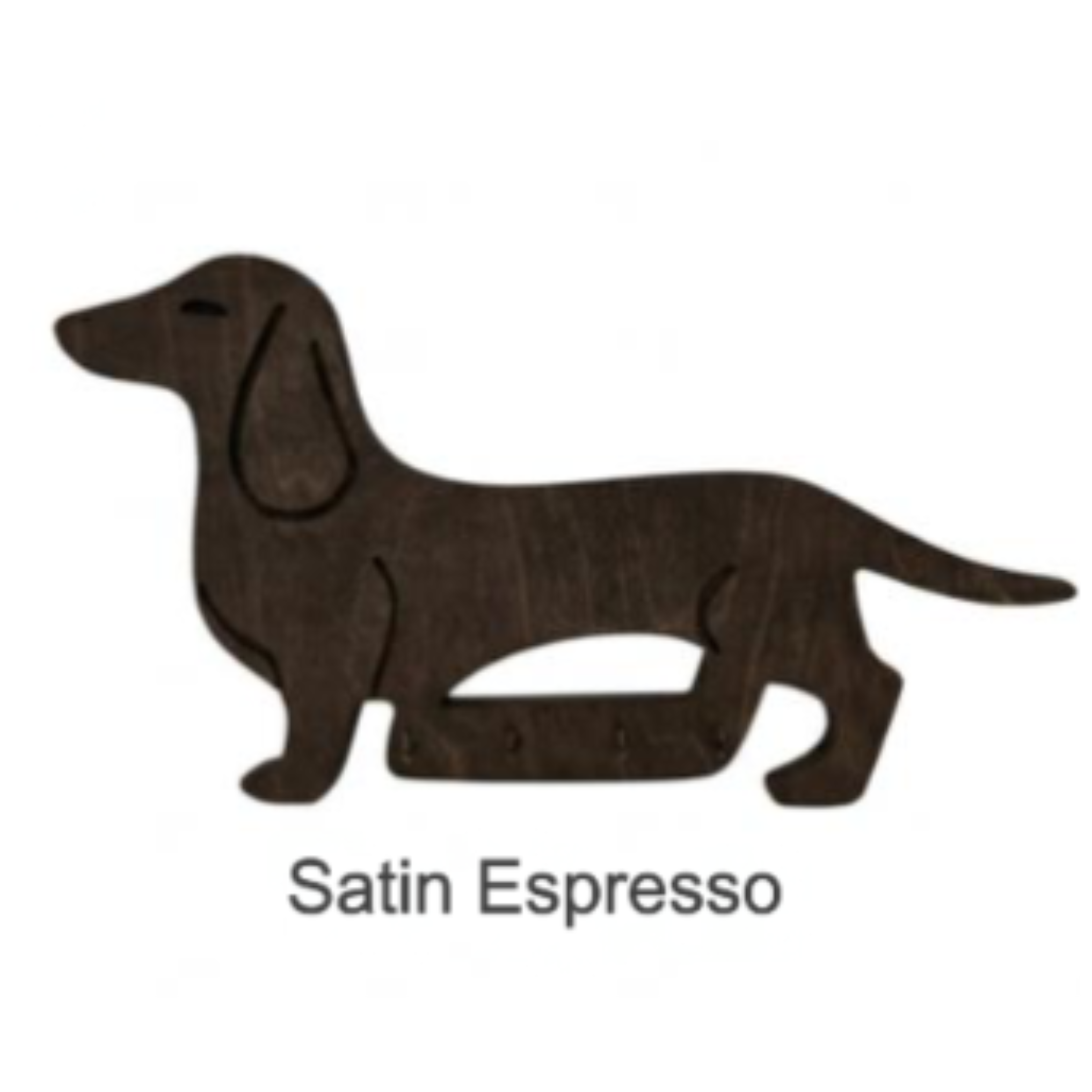 Wooden dachshund cutout in satin espresso color on a white background