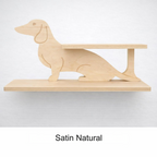 Wooden shelf shaped like a dachshund on a white background with 'Satin Natural' label.