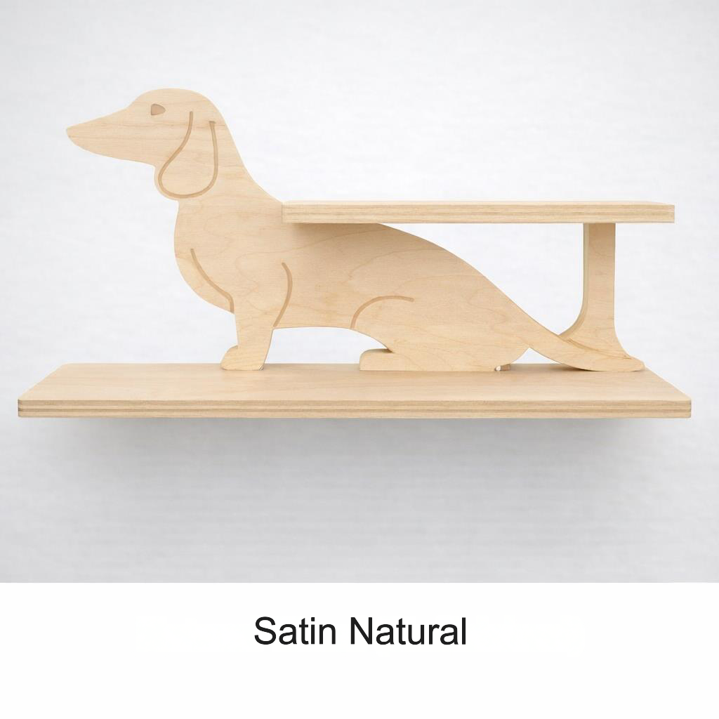 Wooden shelf shaped like a dachshund on a white background with 'Satin Natural' label.