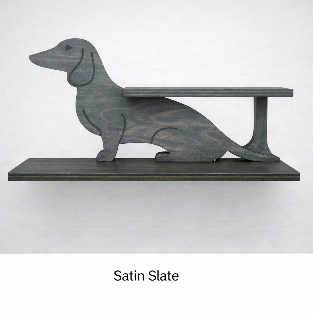 Dog-shaped shelf with satin slate finish on a white background
