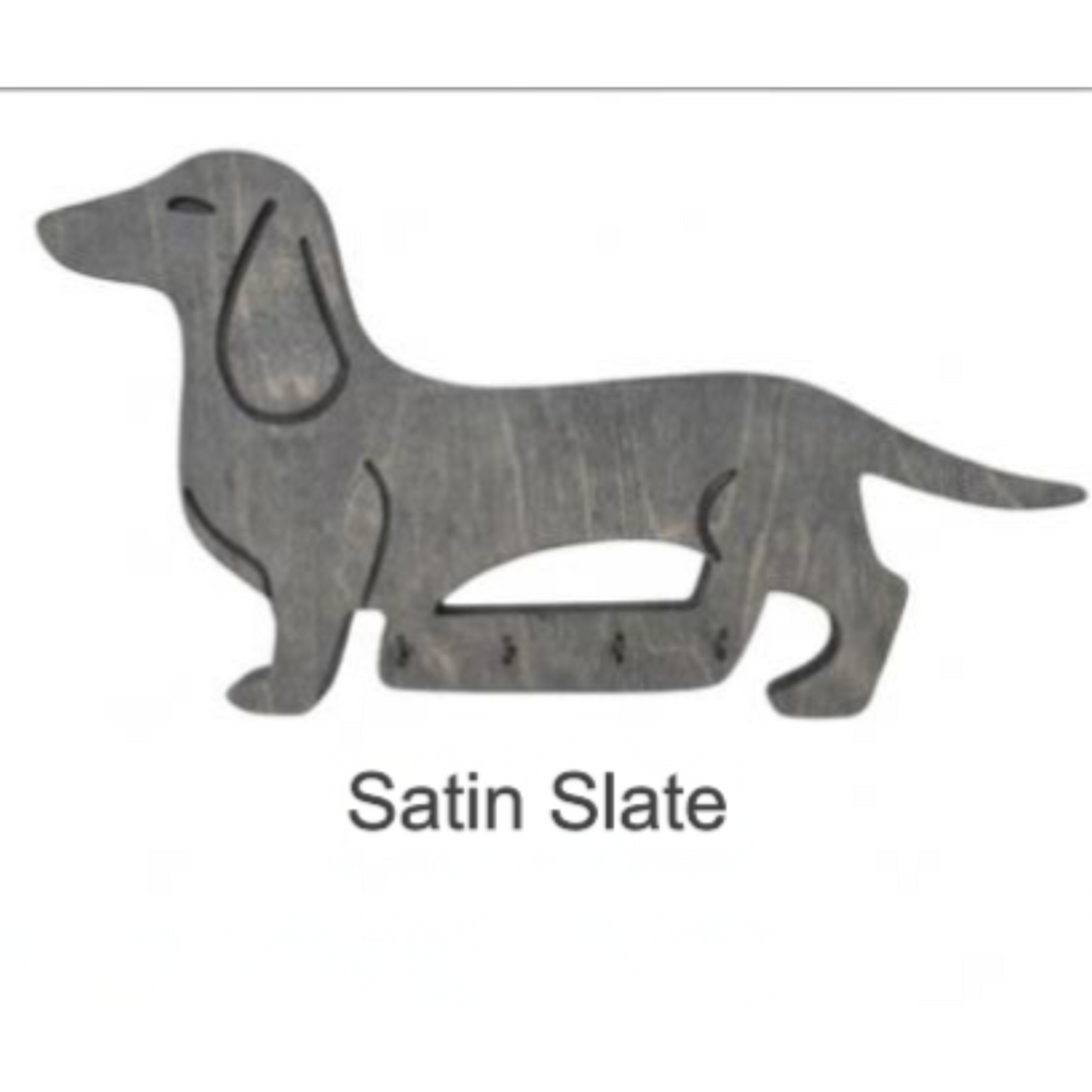 Dog-shaped key holder in satin slate color on a white background