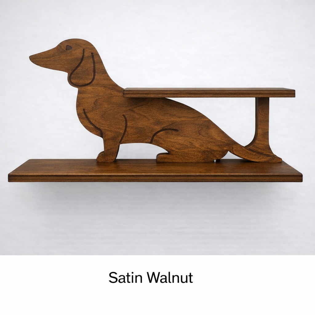 Wooden shelf shaped like a dachshund on a white background
