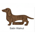 Wooden dachshund shape cutout in satin walnut finish on a white background