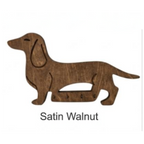 Wooden dachshund shape cutout in satin walnut finish on a white background